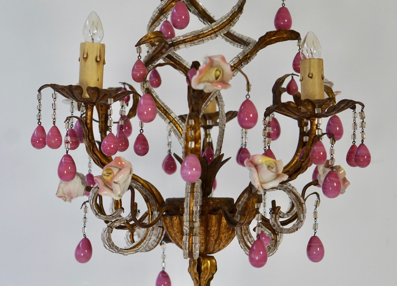 Brass And Ceramic Drop Chandelier With Porcelain Flowers, Italy photo for sale