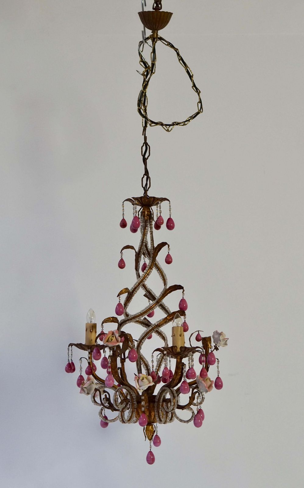 1319.0 Brass And Ceramic Drop Chandelier With Porcelain Flowers, Italy photo