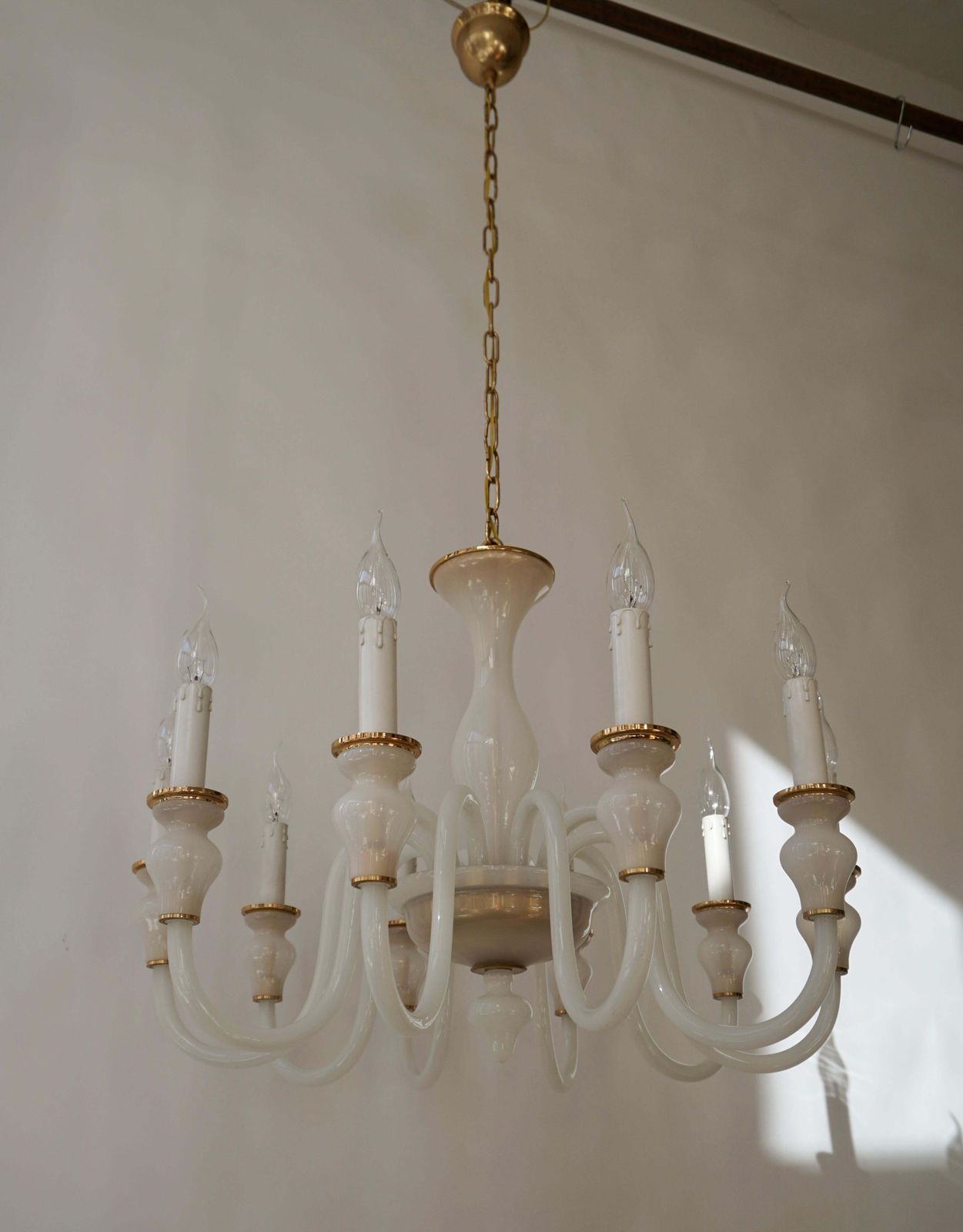 Italian Modern Hand Blown White And Gold Murano Glass Chandeliers photo for sale