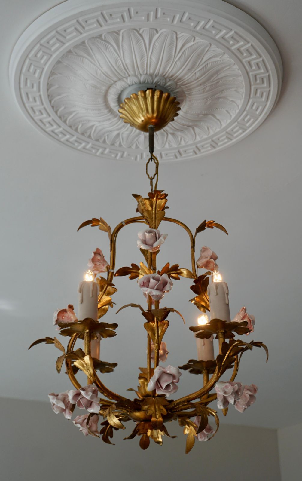 Five Italian Chandelier With Porcelain Flower Roses photo for sale