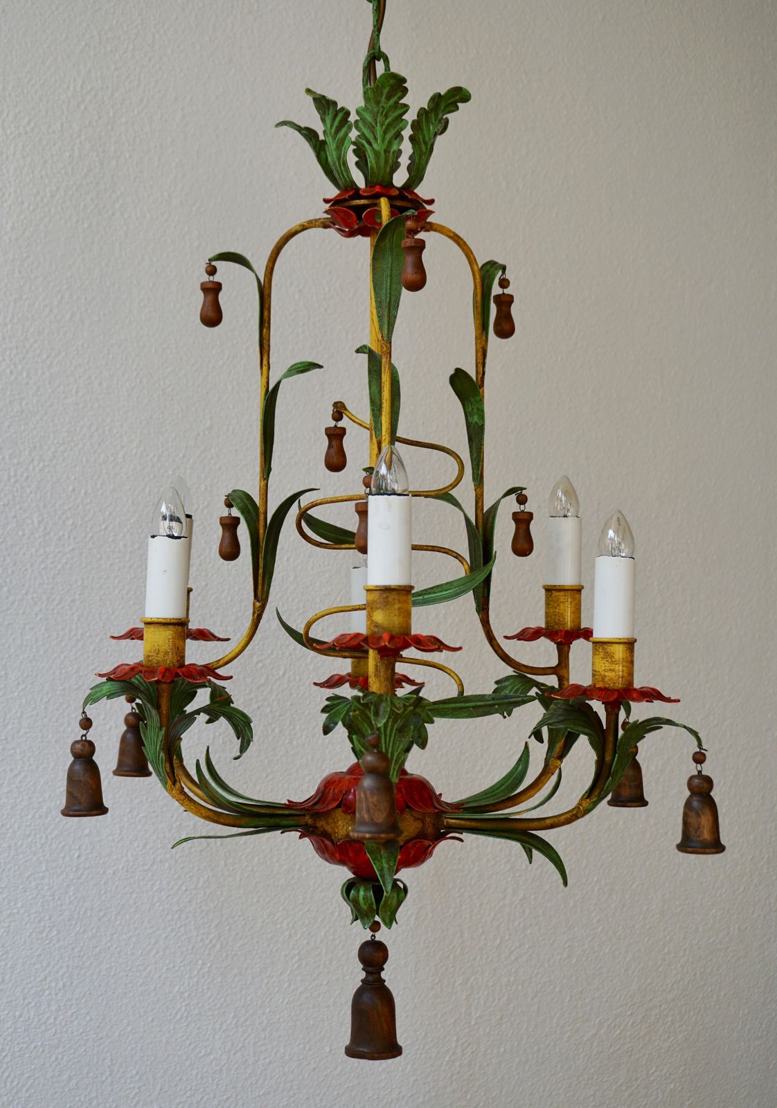 Rare Colorful Painted Tole Chandelier photo vinterior