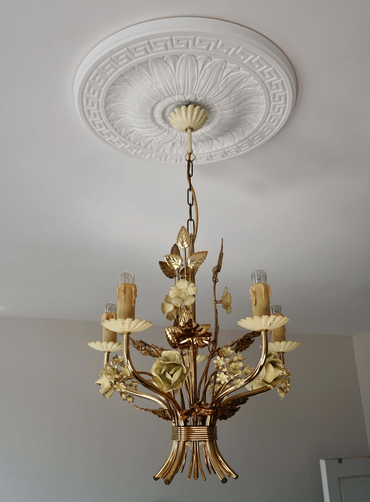 Two Lovely Gilt Brass Flower Leaves Chandelier, Italy, Circa 1950s photo for sale