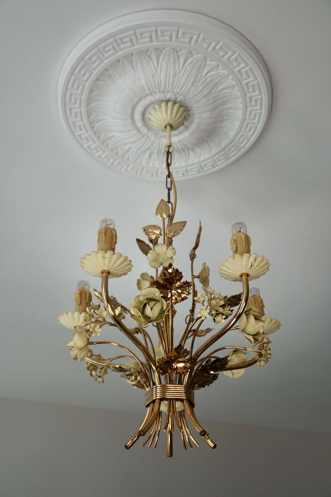 Two Lovely Gilt Brass Flower Leaves Chandelier, Italy, Circa 1950s photo Lighting