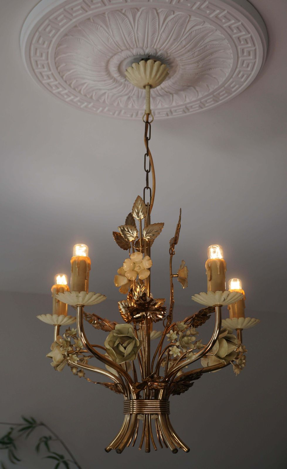 Two Lovely Gilt Brass Flower Leaves Chandelier, Italy, Circa 1950s photo 1571.0