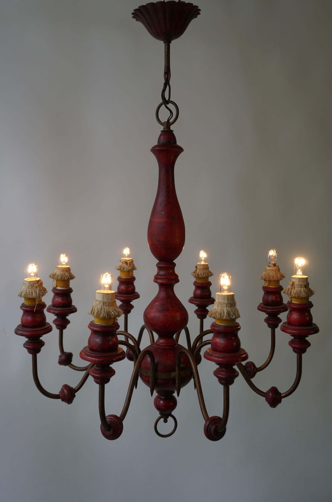 Eight Light Red Painted Wood And Iron Chandelier photo buy