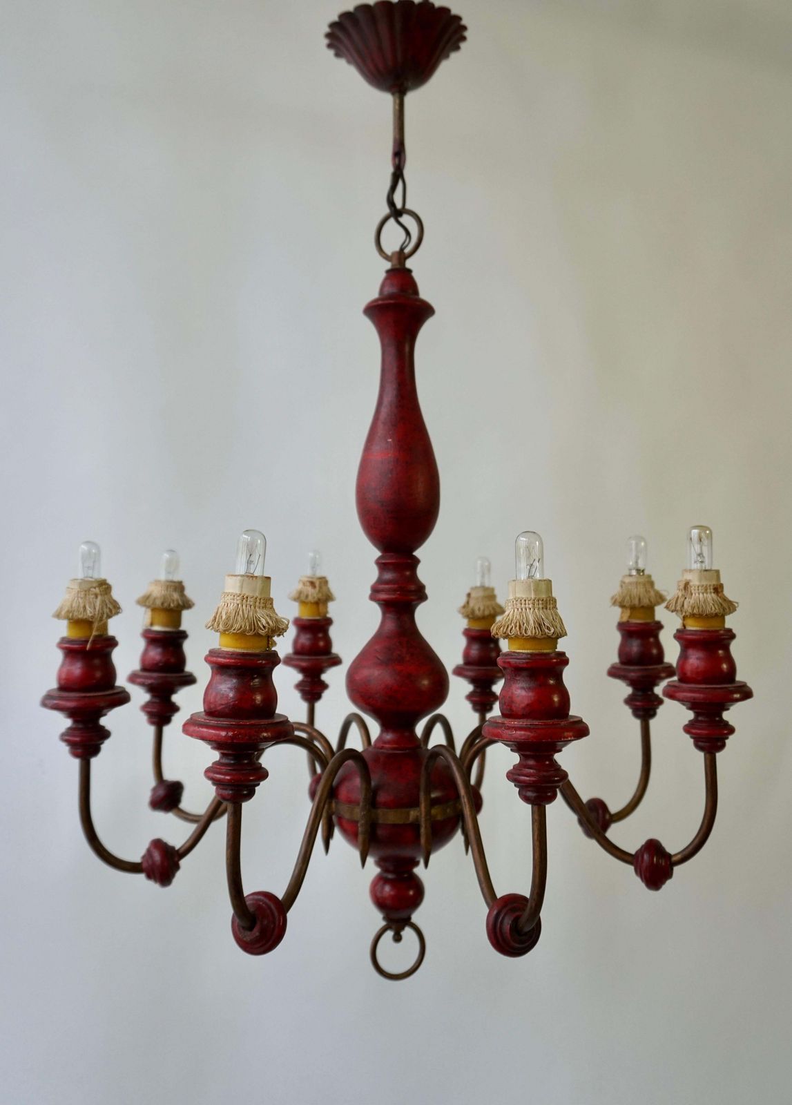 Eight Light Red Painted Wood And Iron Chandelier photo vintage