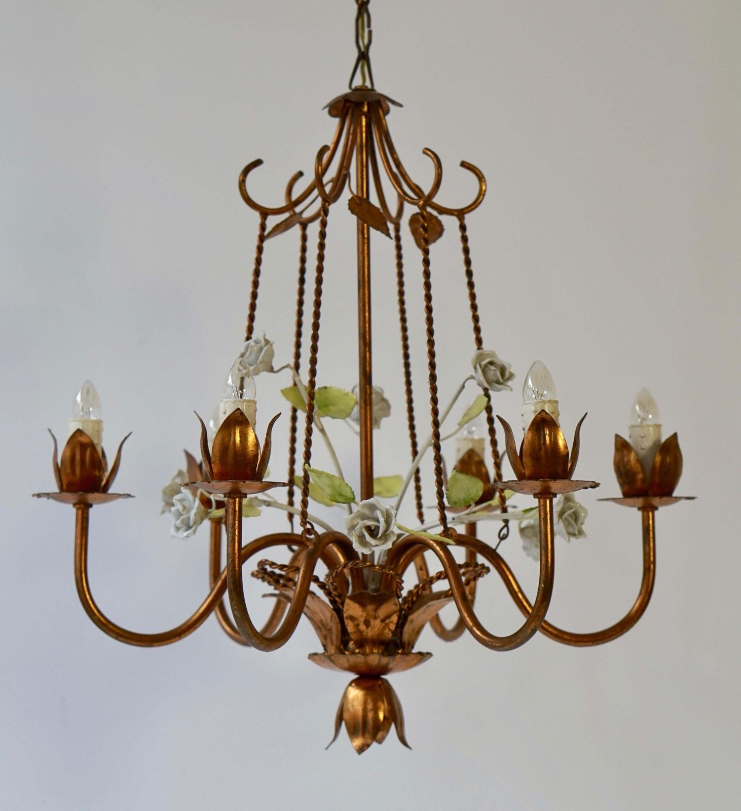 Italian Brass Chandelier With Porcelain Flowers photo 1656.0