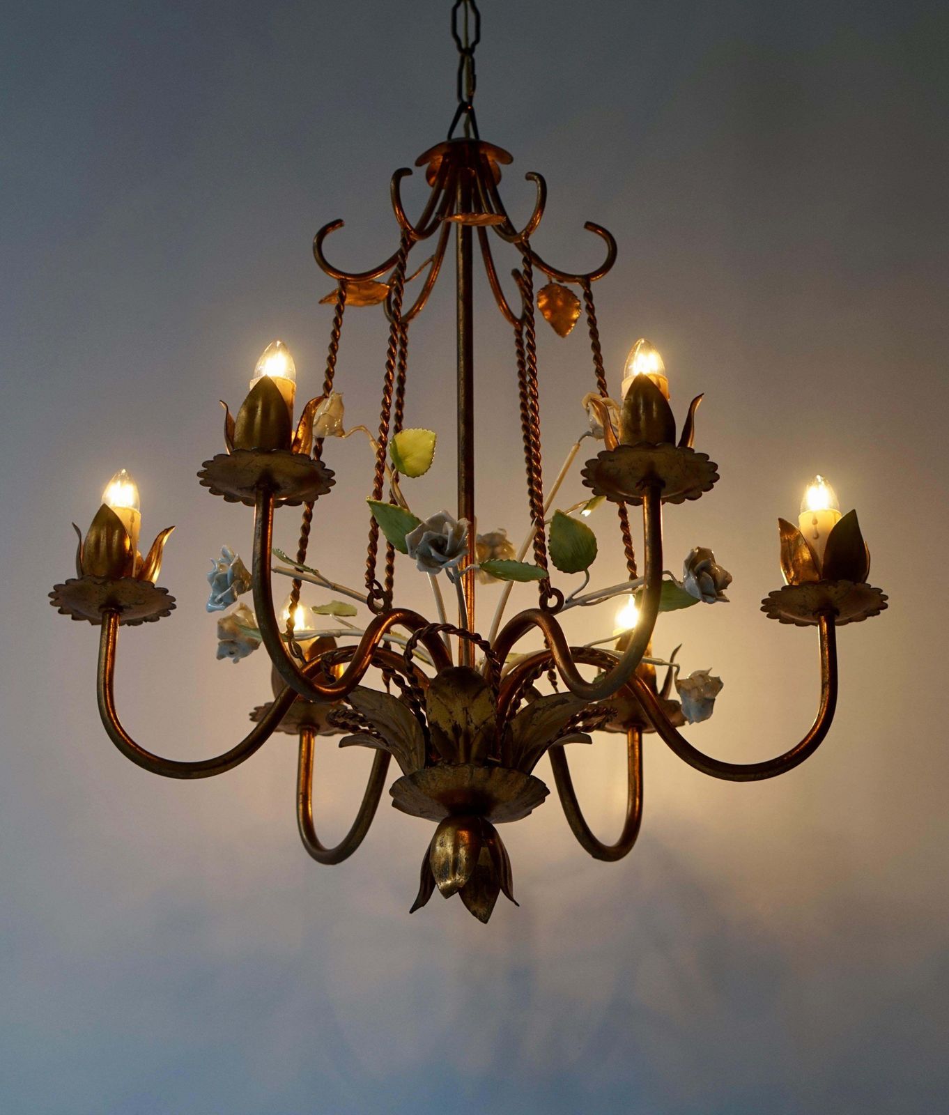 photo for sale Italian Brass Chandelier With Porcelain Flowers