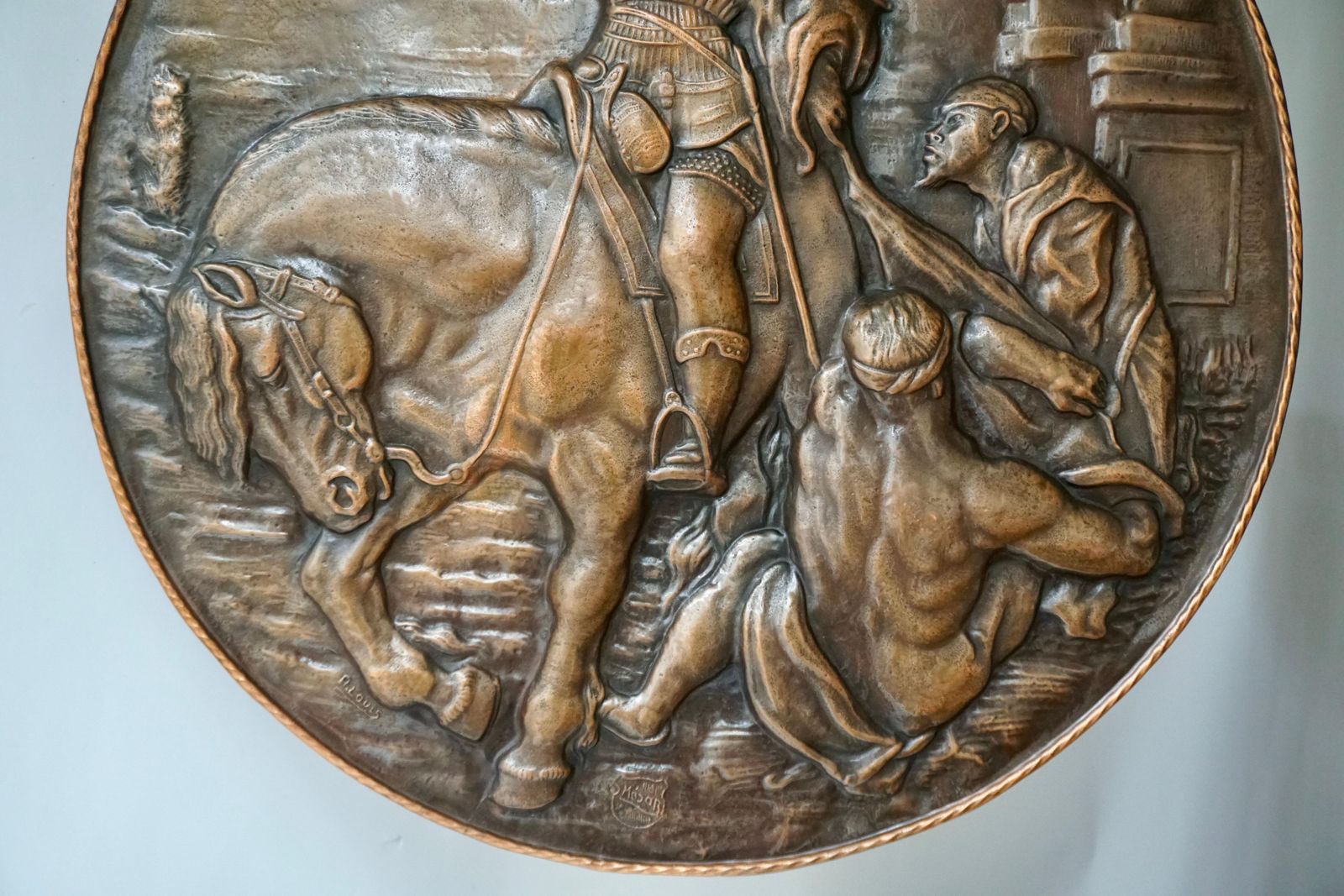 Very Large Copper Wall Plate Depiction Saint Martin On Horse In Relief photo Art