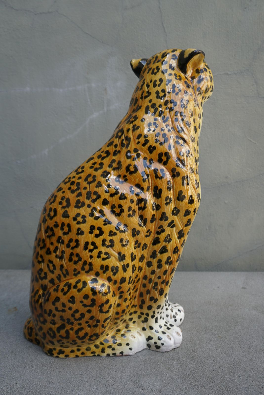 Large Italian Glazed Terracotta Leopard Cheetah Statue, 1960s Hollywood Regency photo 1404.0
