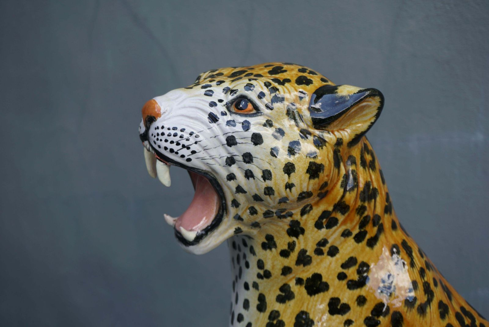 Large Italian Glazed Terracotta Leopard Cheetah Statue, 1960s Hollywood Regency photo vintage