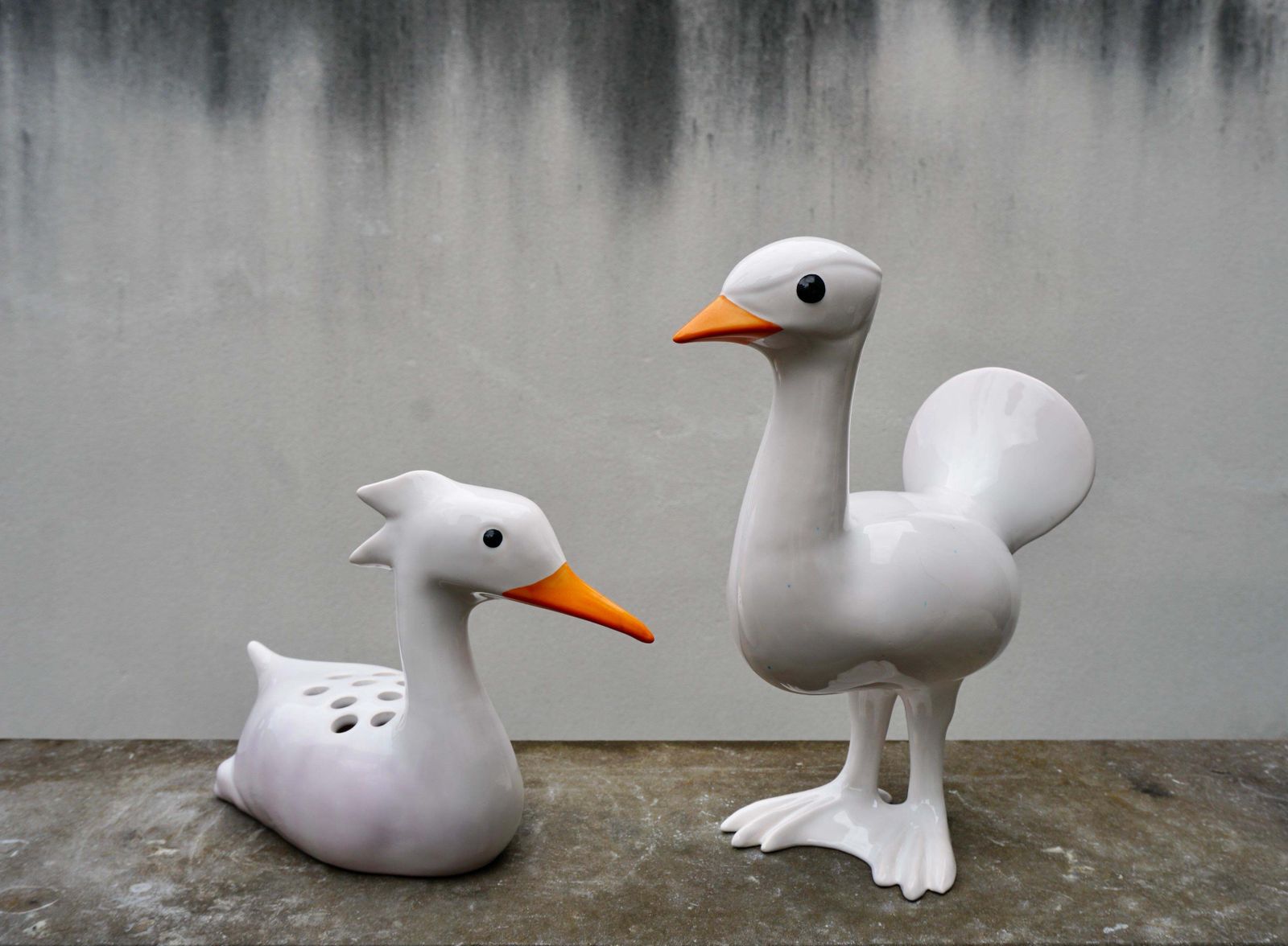 Set Of 2 Ducks Of White Ceramic Made And Signed By Georges Cassin photo vinterior
