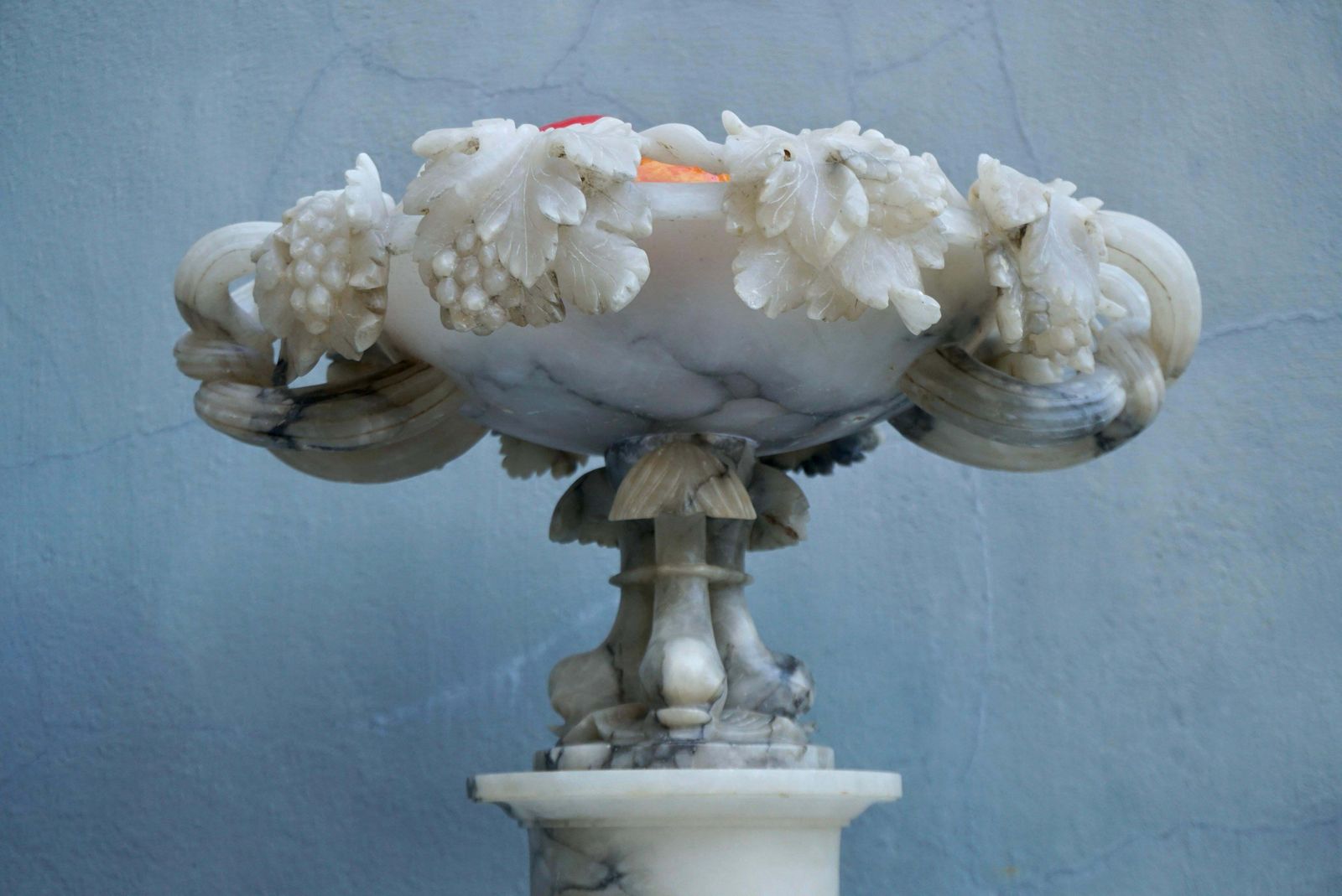 19th Century Italian Carved Alabaster Compote Centerpiece With Dolphins photo buy