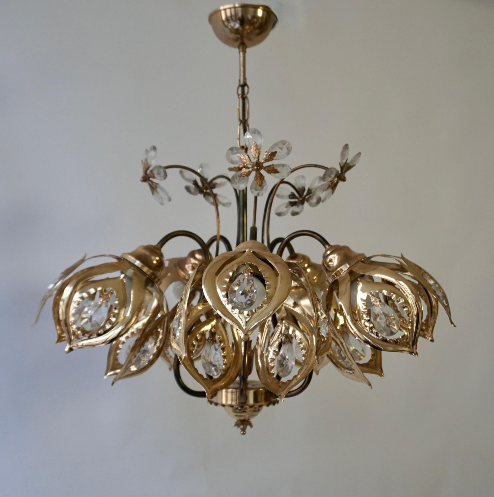 Vintage Brass Gilded Chandelier With Crystal Flowers photo furniture