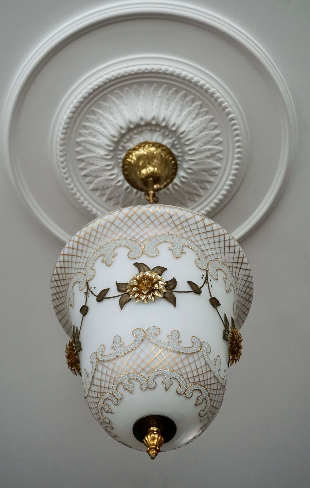 Floral Opaline Glass And Gilt Brass Pendat Light photo vinterior