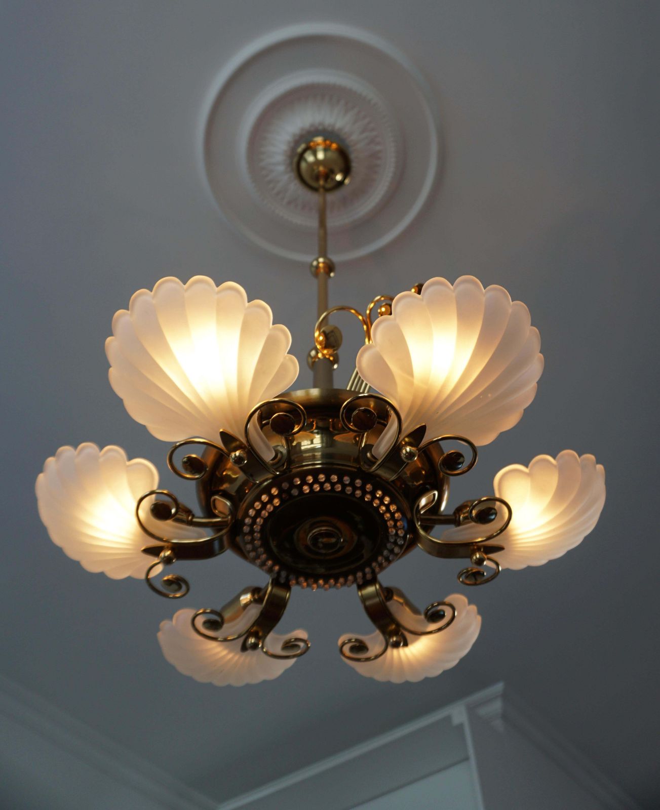 photo for sale Italian Chandelier In Brass With Murano Glass Shells, 1970s