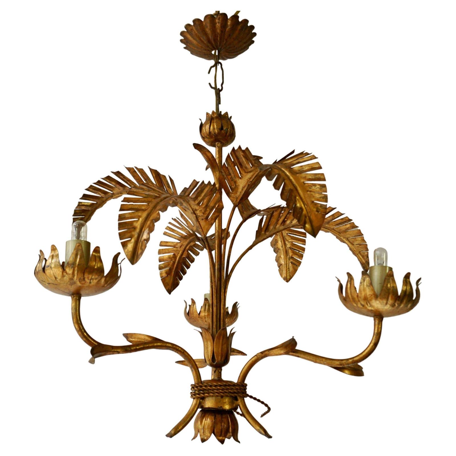 Mid Century Gilt Metal Palm Leaf Chandelier, 1970s