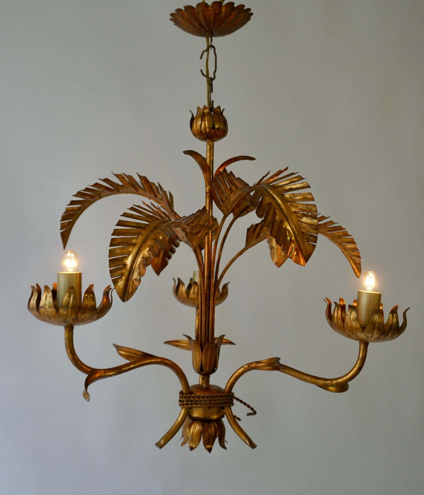 Mid Century Gilt Metal Palm Leaf Chandelier, 1970s photo for sale