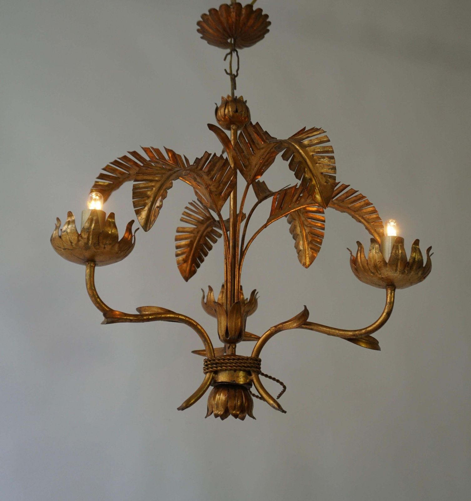 Mid Century Gilt Metal Palm Leaf Chandelier, 1970s photo Lighting