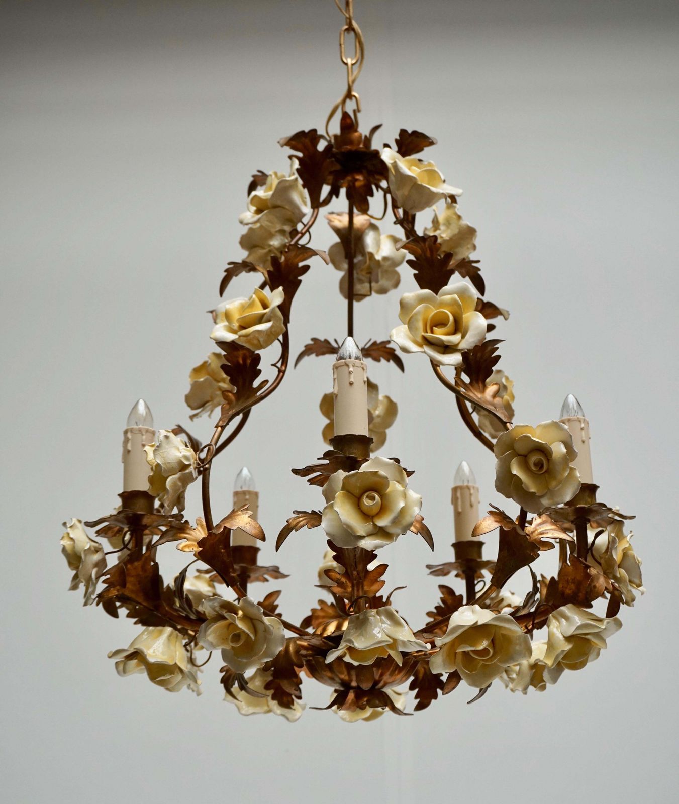 Italian Brass Tole Chandelier With Yellow Porcelain Flowers photo 2081.0