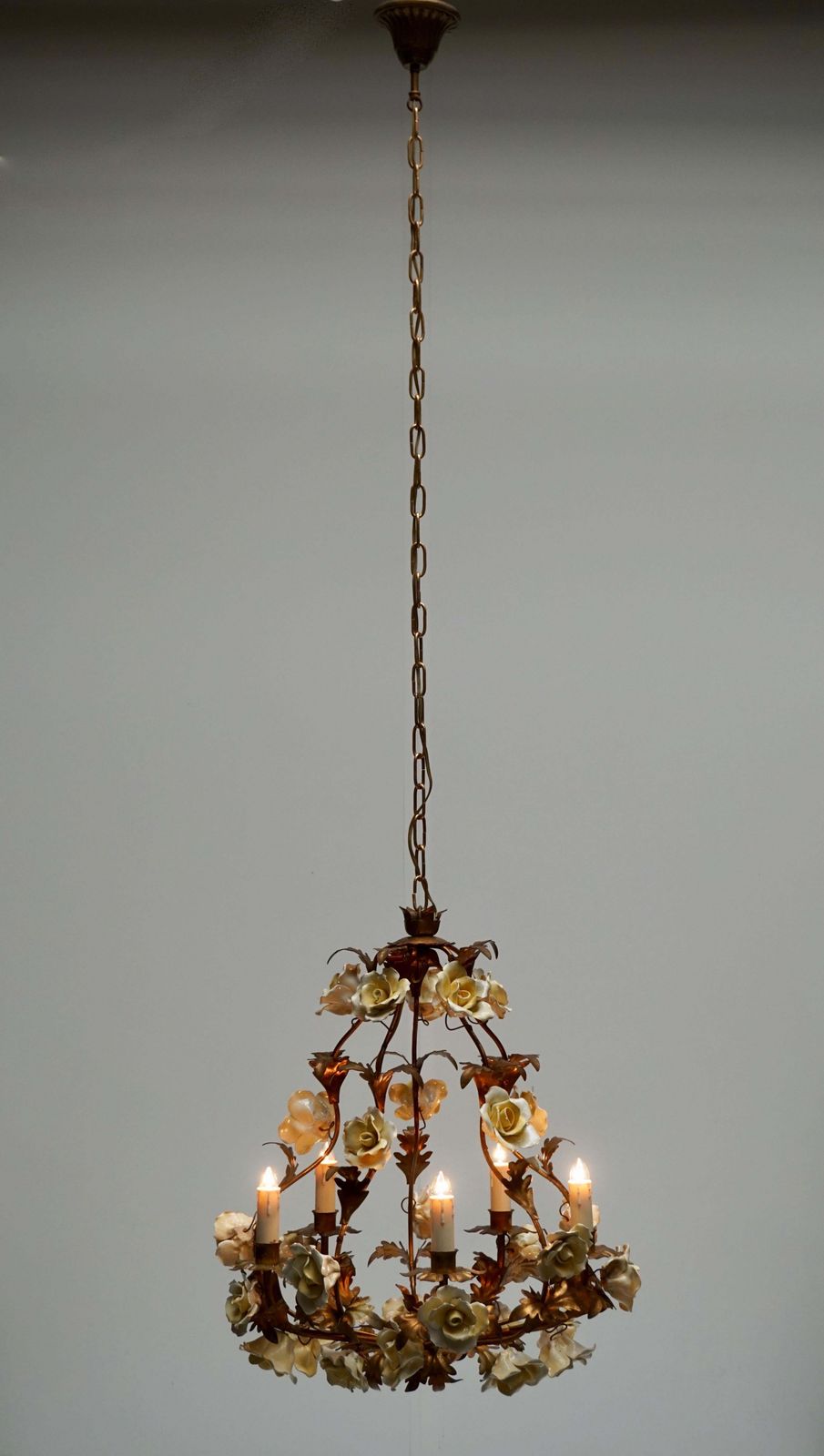 Italian Brass Tole Chandelier With Yellow Porcelain Flowers photo vintage