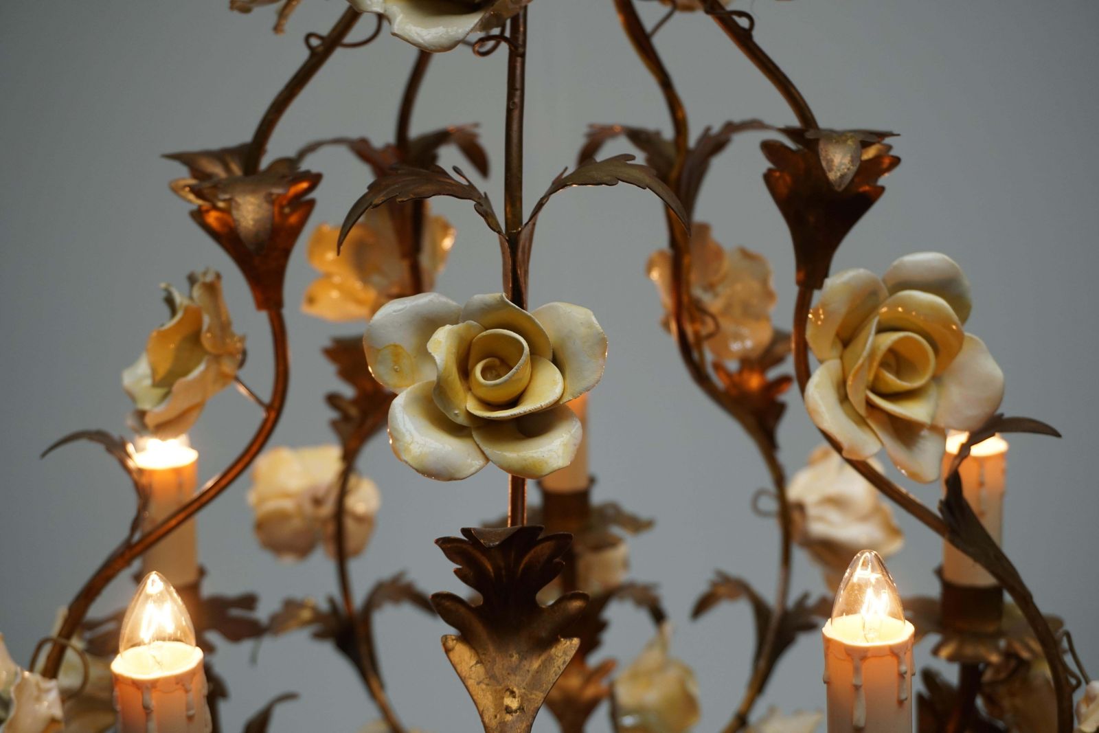 Lighting Italian Brass Tole Chandelier With Yellow Porcelain Flowers photo