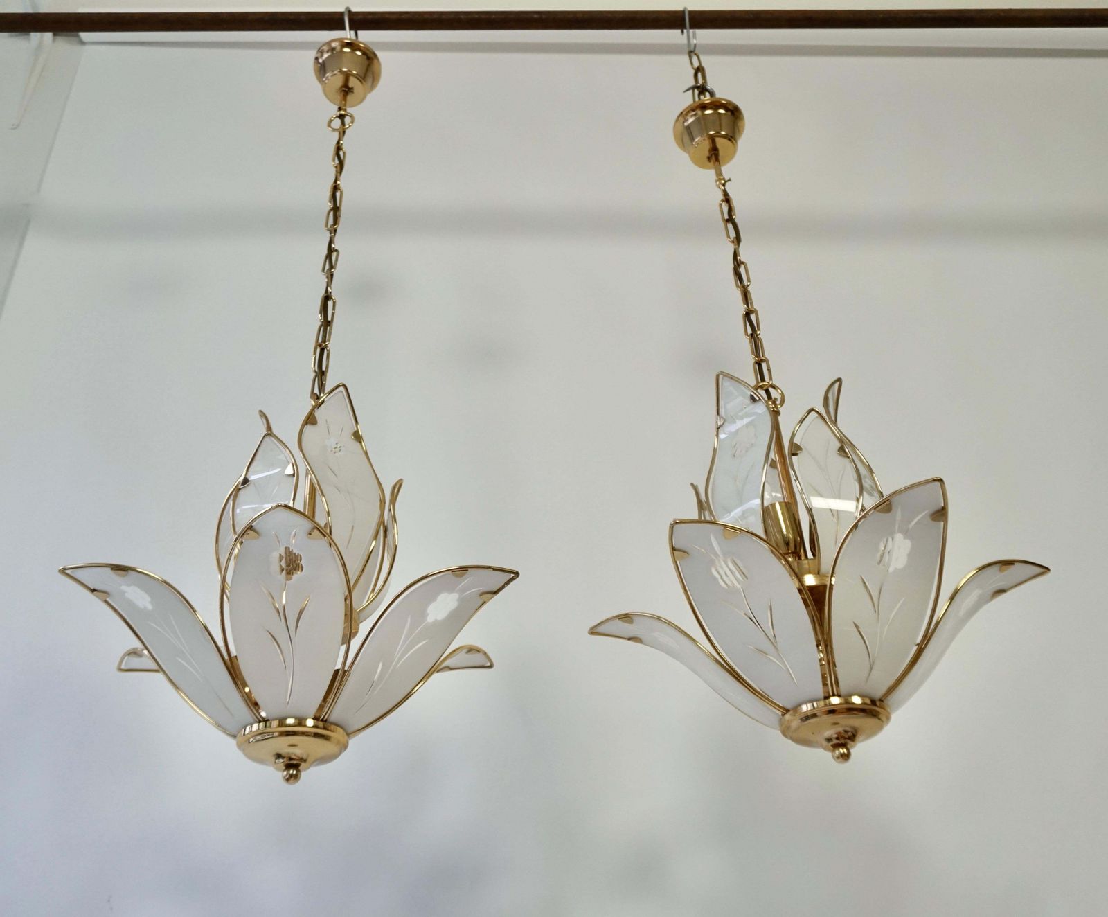 photo for sale Three Lotus Flower And Brass Glass Chandeliers