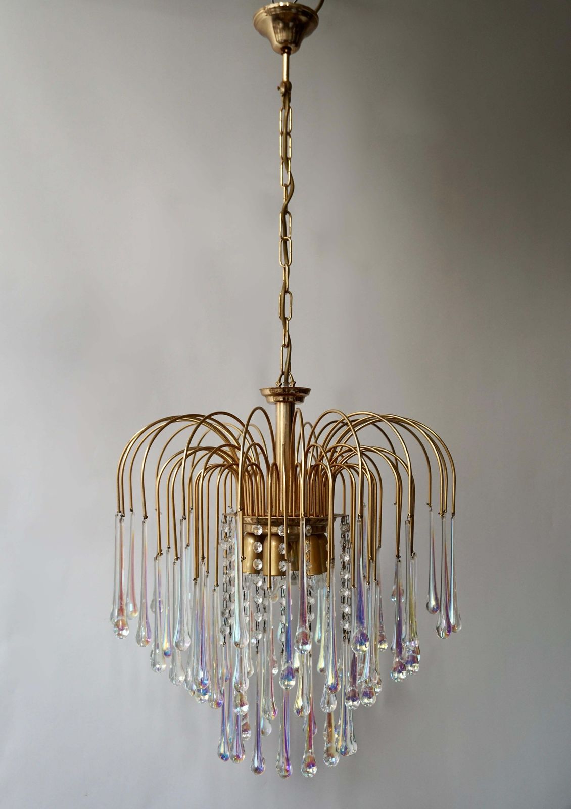 Italian Iridescent Murano Crystal Teardrop Waterfall Chandelier, 1950s photo for sale
