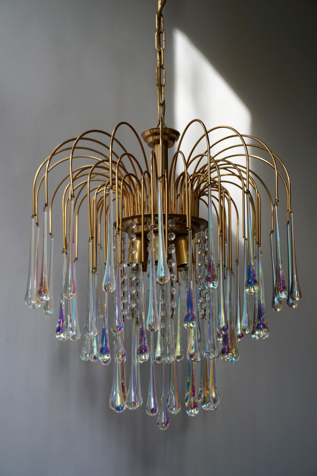 photo for sale Italian Iridescent Murano Crystal Teardrop Waterfall Chandelier, 1950s
