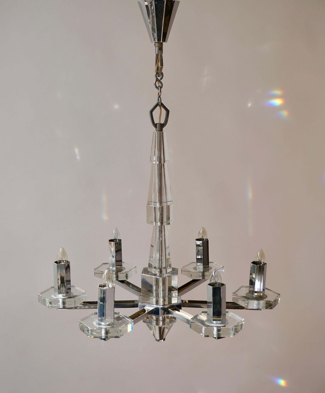 Precious Faceted Crystal Glass Art Deco Chandelier photo vintage