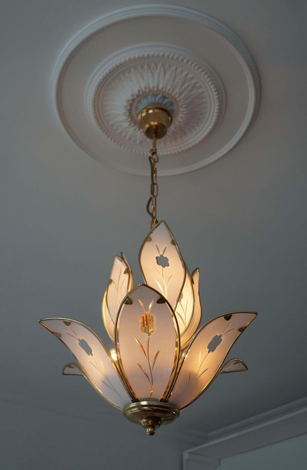 Two Elegant Brass Lotus Flower Chandelier With White Murano Glass Leaves photo furniture