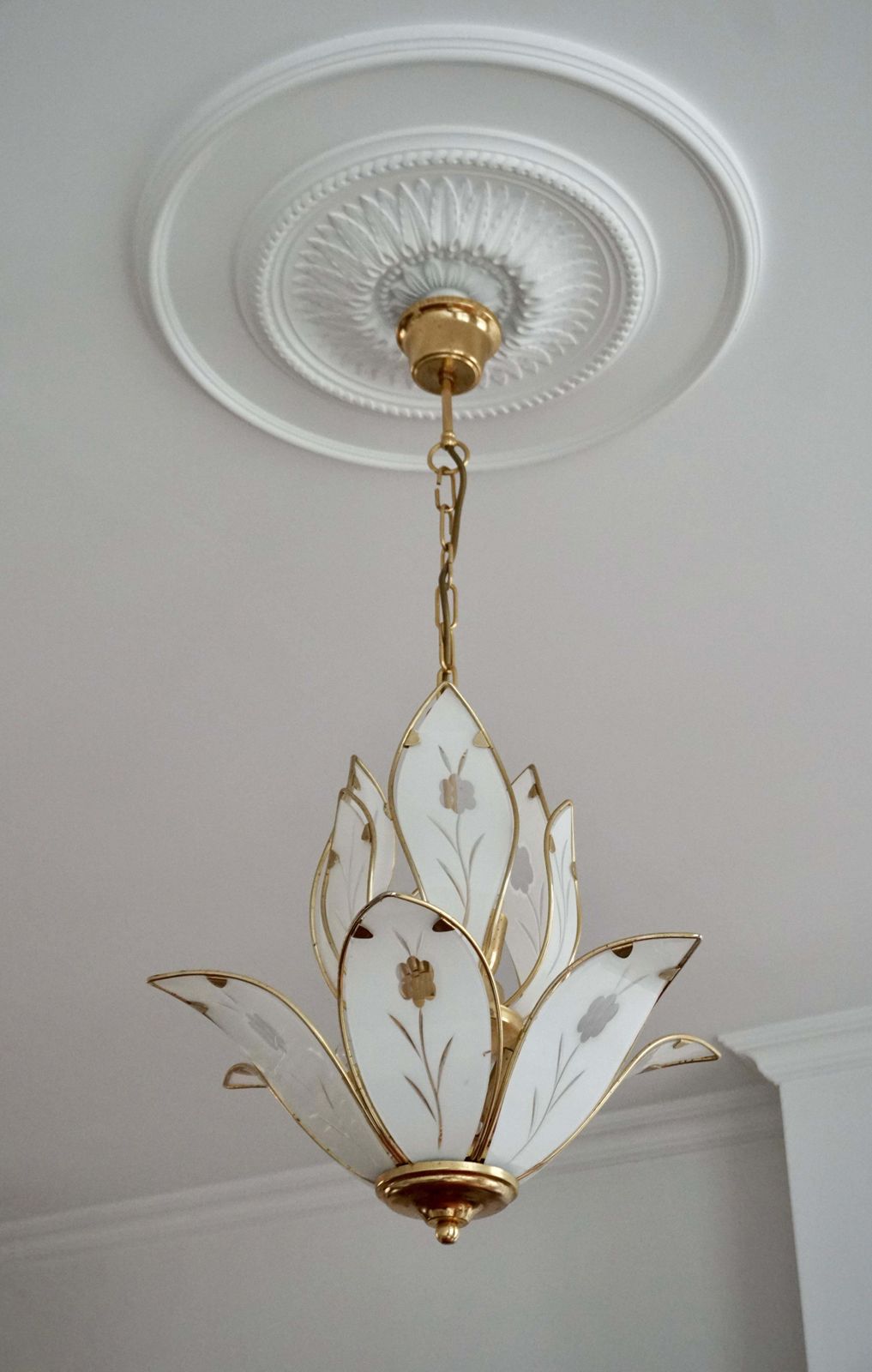 Two Elegant Brass Lotus Flower Chandelier With White Murano Glass Leaves photo vinterior