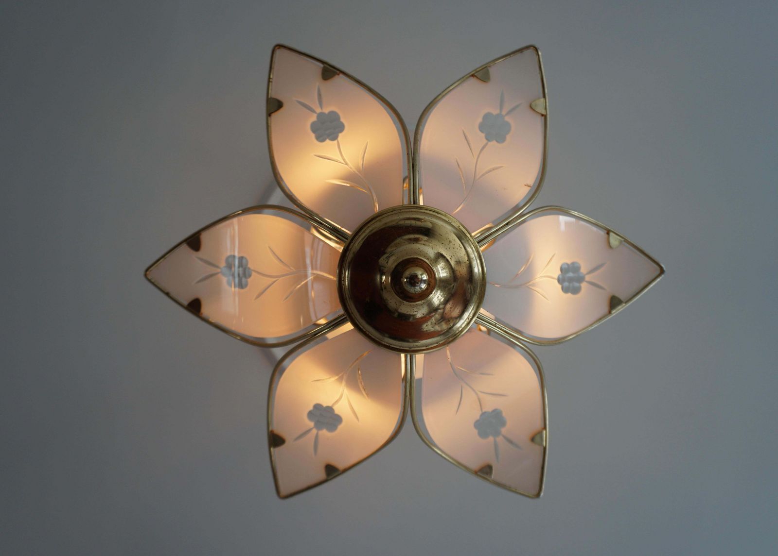 Two Elegant Brass Lotus Flower Chandelier With White Murano Glass Leaves photo buy