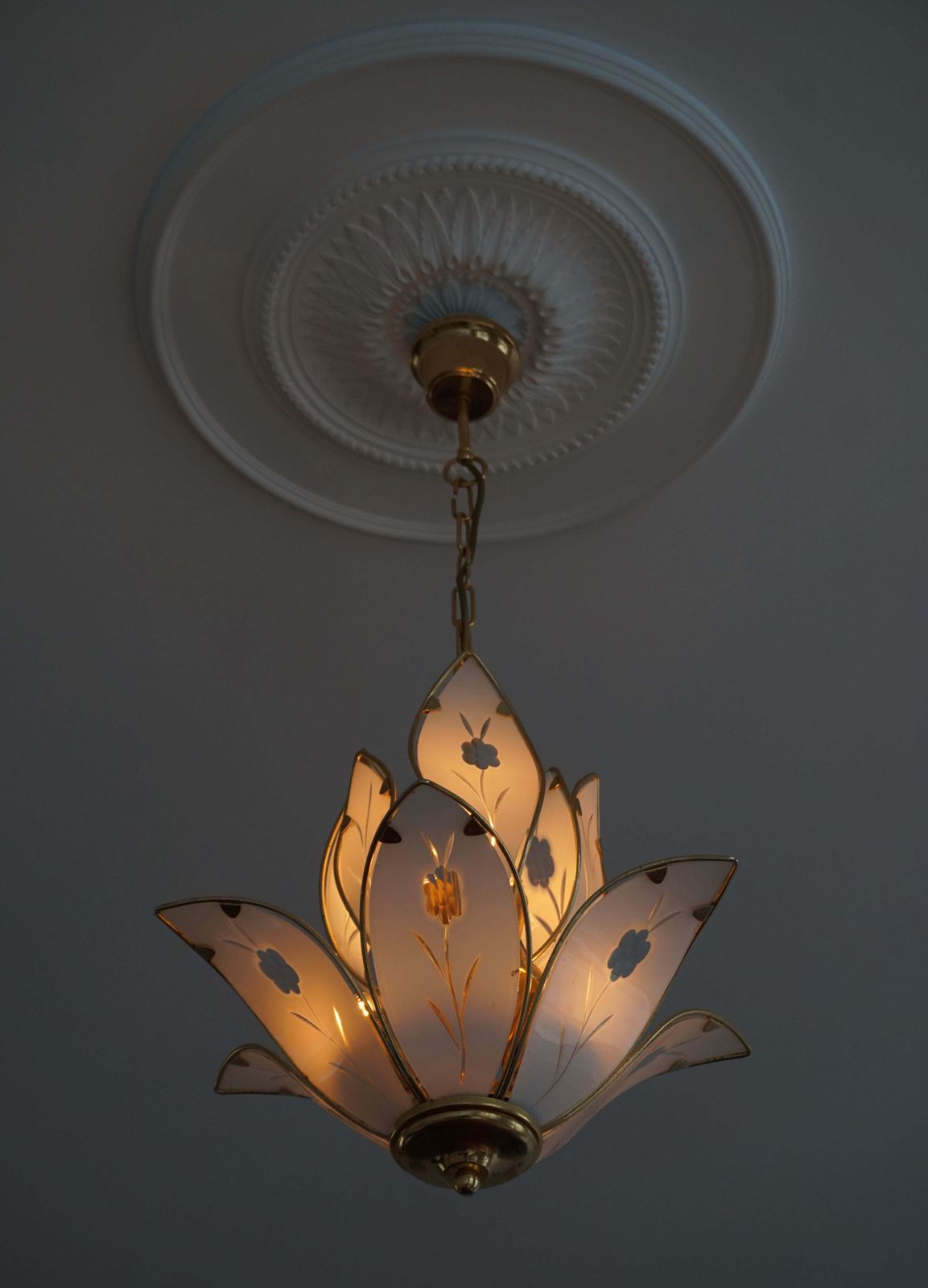 Two Elegant Brass Lotus Flower Chandelier With White Murano Glass Leaves photo vintage