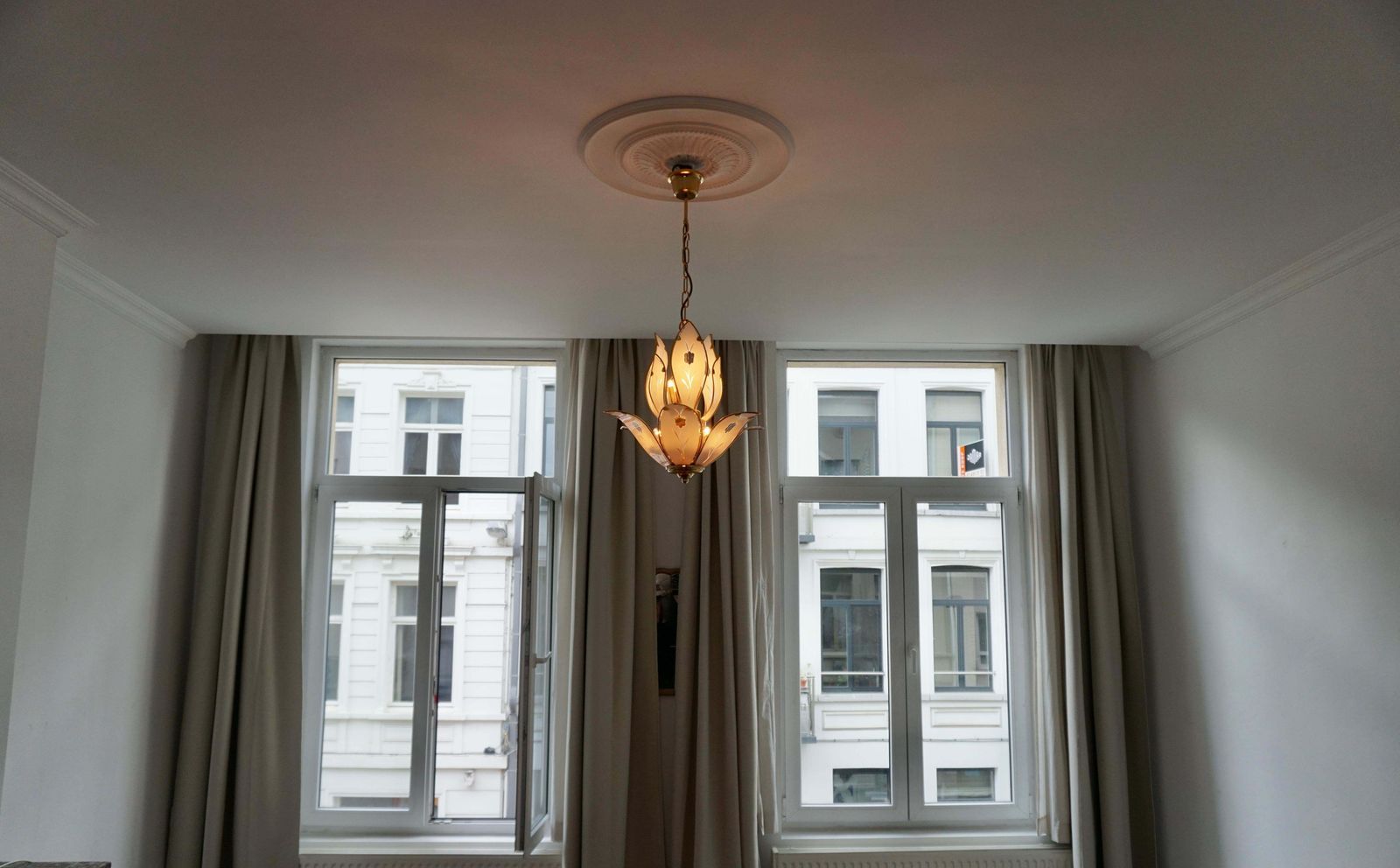 photo for sale Two Elegant Brass Lotus Flower Chandelier With White Murano Glass Leaves