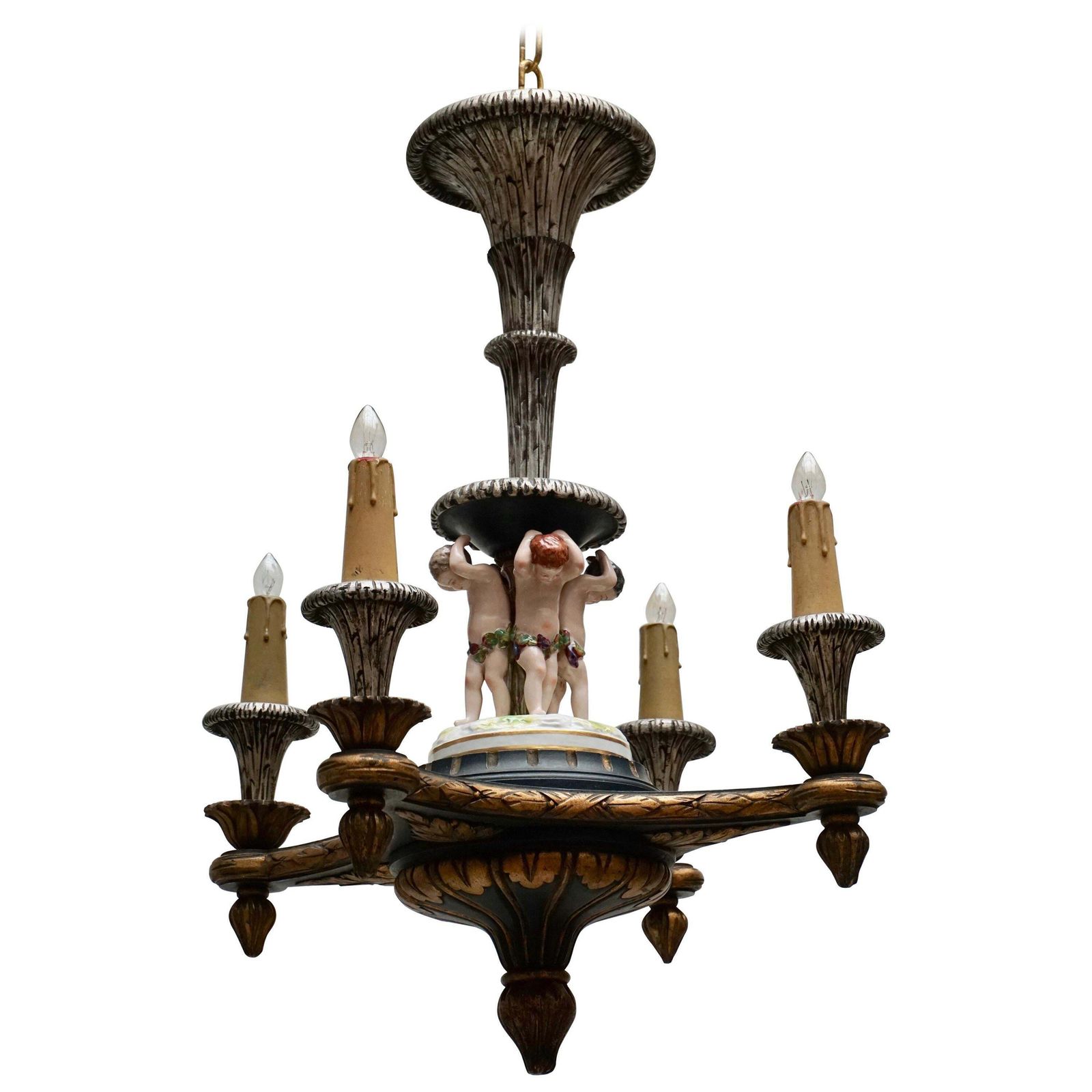 Italian Hand Carved Chandelier With Porcelain Putti