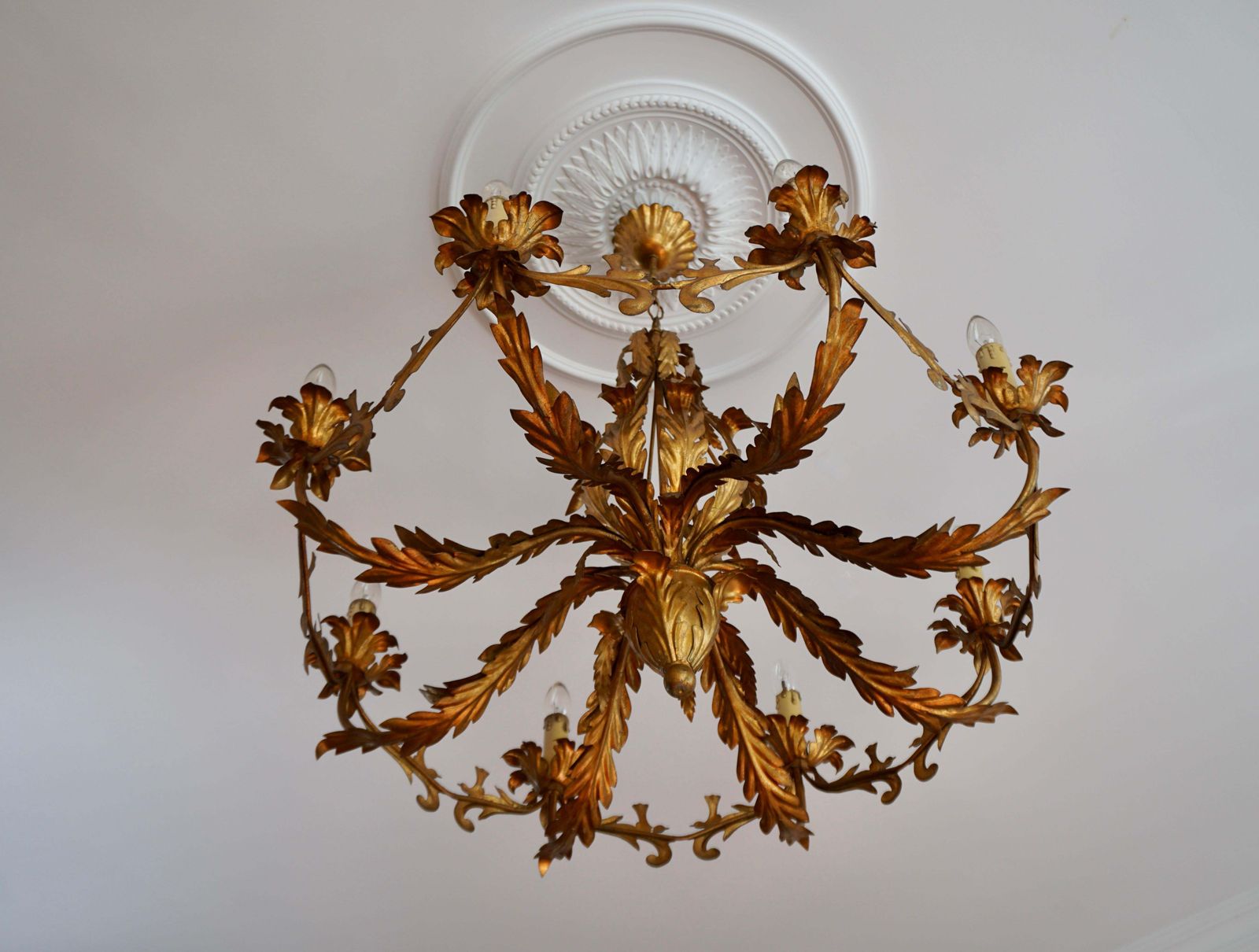 Large Italian Chandelier Pendant Light, Gilt Metal, 1970s photo furniture