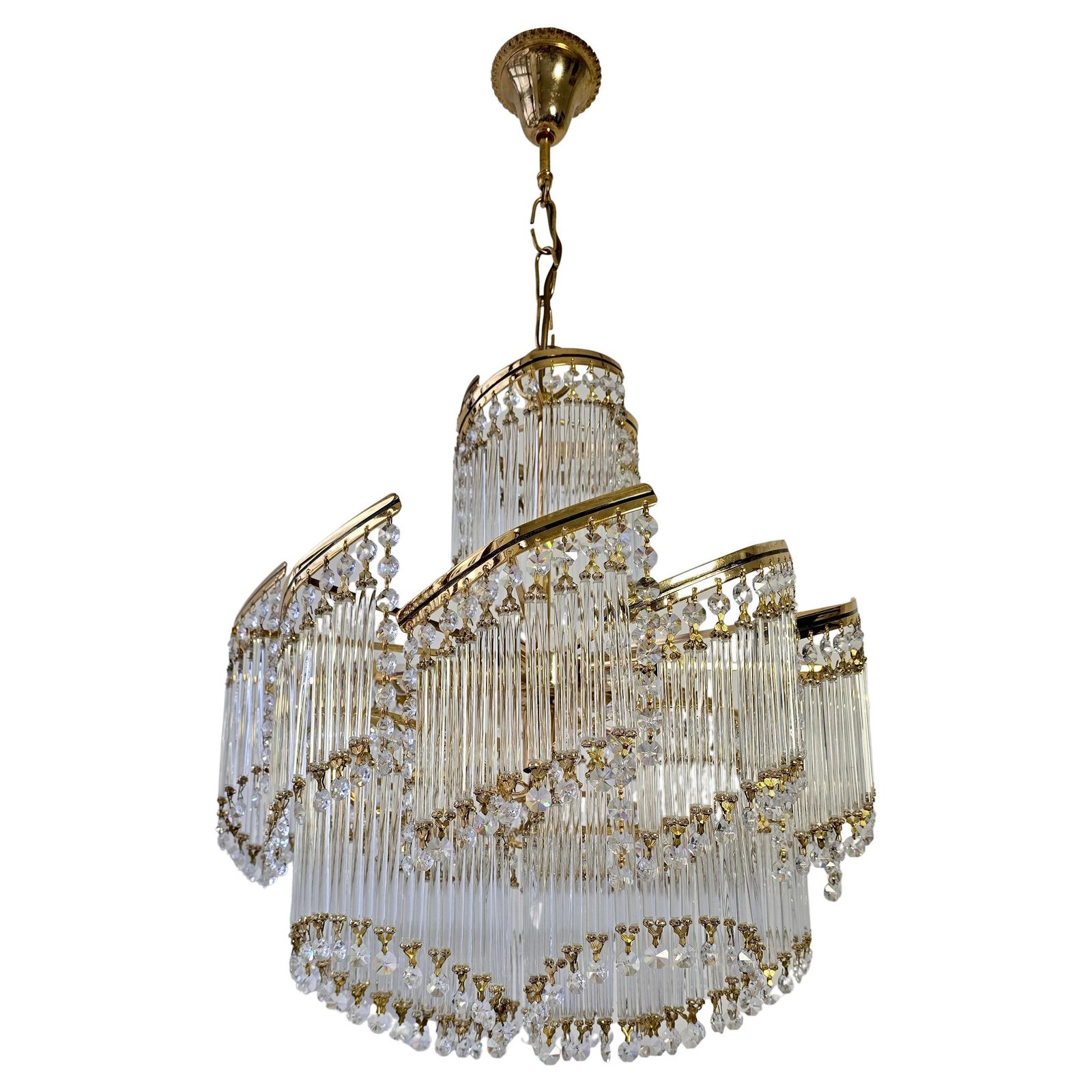 Spectacular Italian Chandelier – Undulating Elegance In Glass And Brass, 1970s