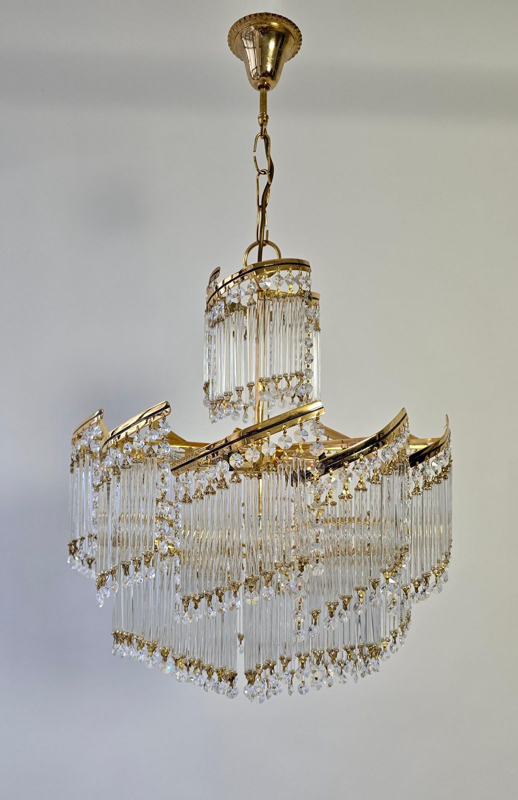photo for sale Spectacular Italian Chandelier – Undulating Elegance In Glass And Brass, 1970s