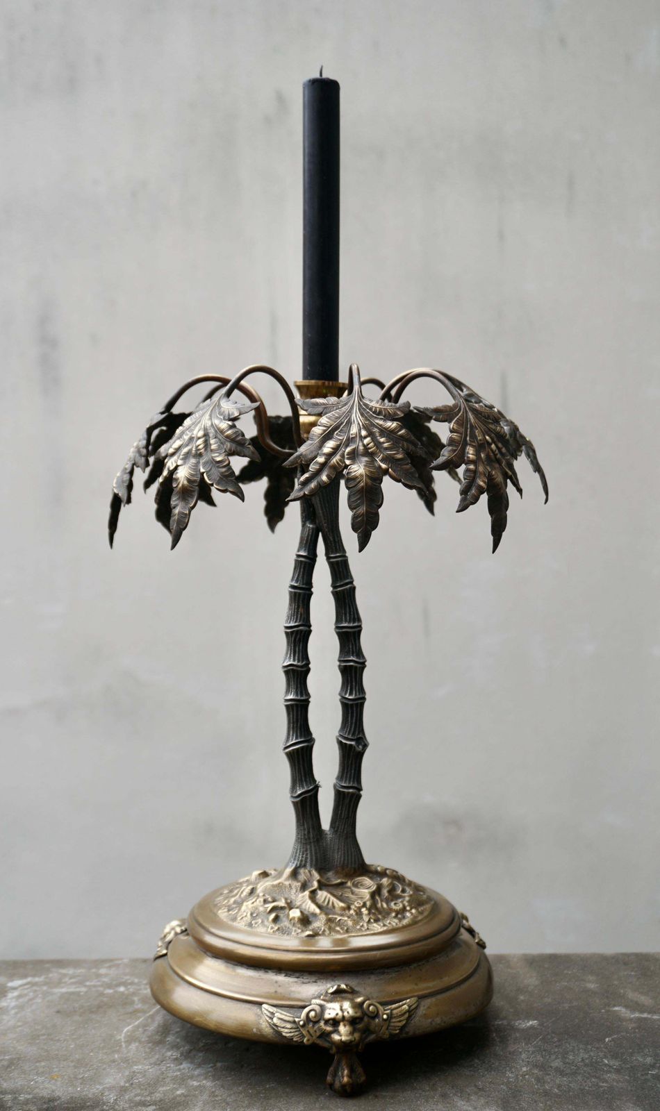 Vintage Tropical Brass Palm Tree Leaf Leaves Candle Stick Holder photo furniture