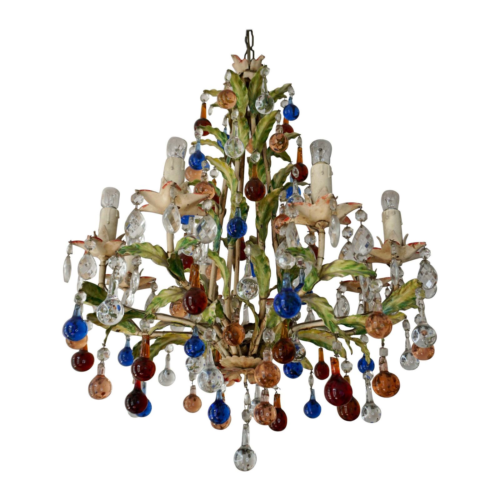 Italian Venetian Painted Metal Eight Light Chandelier With Murano Glass