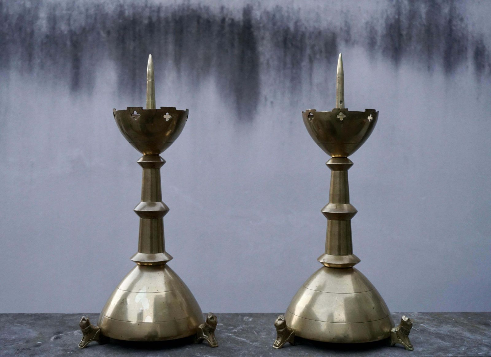 Pair Of Gilt Bronze Gothic Revival Altar Pricket Candlesticks W. Lion Sculptures photo for sale