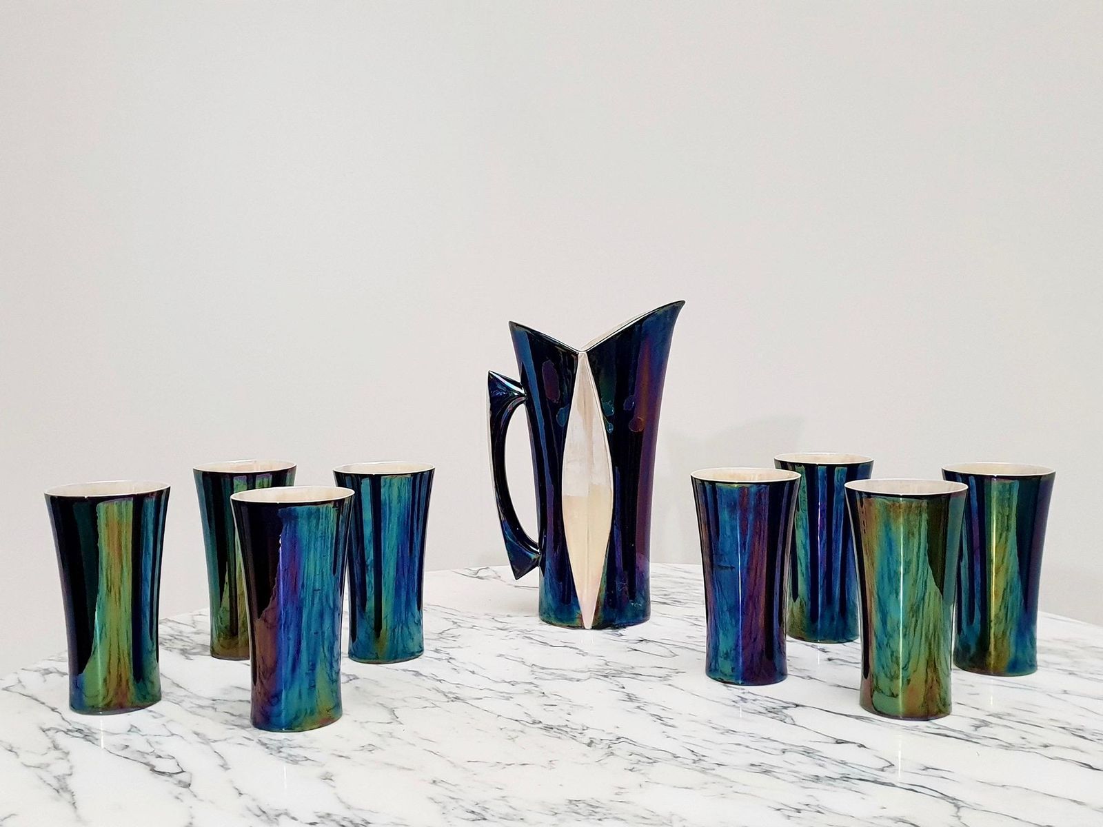 1231.0 Mid 20th Century Iridescent Ceramic Drinks Set Of 9 Made In France, 1970s photo