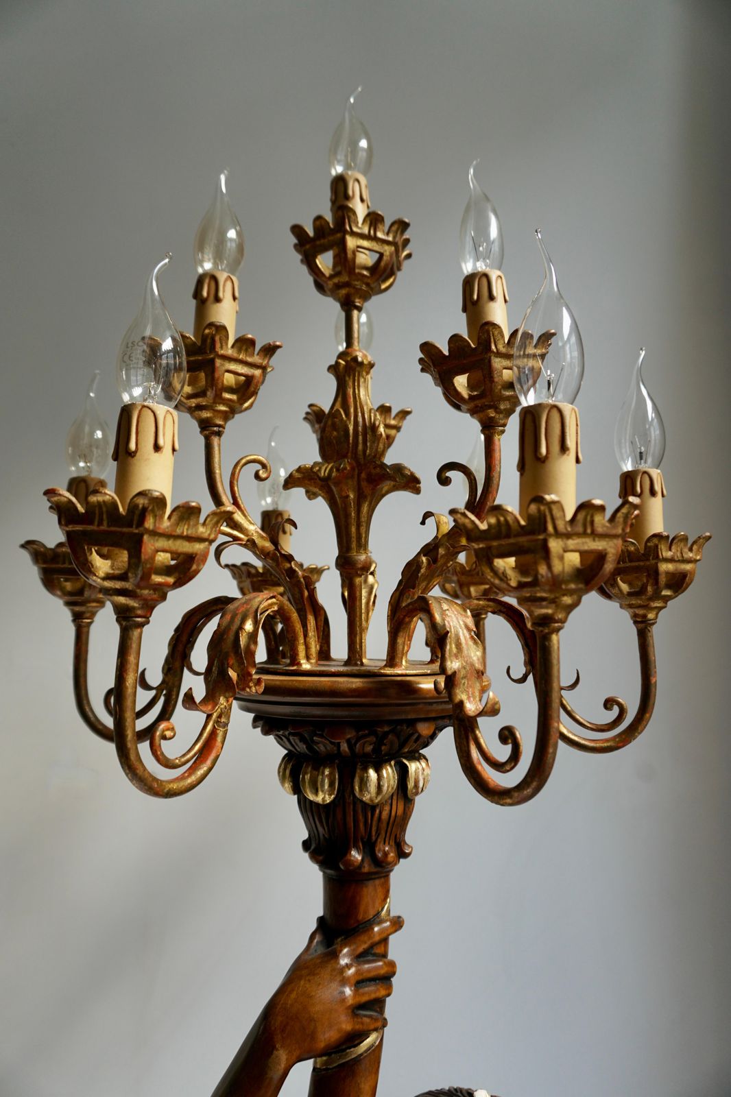 Lighting Italian Gilded Wood Venetian Figural Torchère Candelabra Floor Lamp photo