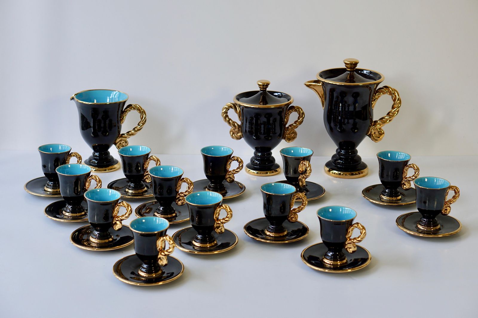 photo for sale Marius Giuge Fine Gilded Ceramic Tea And Coffee Set, Vallauris, Circa 1960s