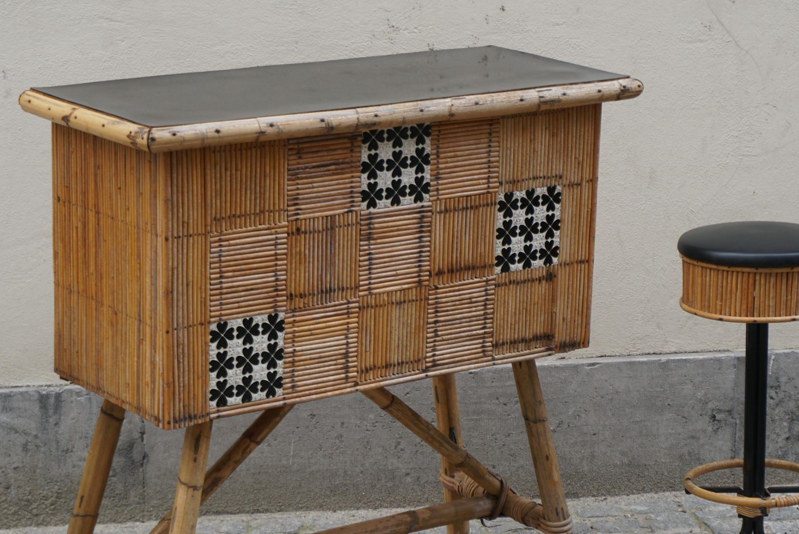 1950s Midcentury Rattan And Bamboo Tiki Bar With Two Stools photo 2977.0