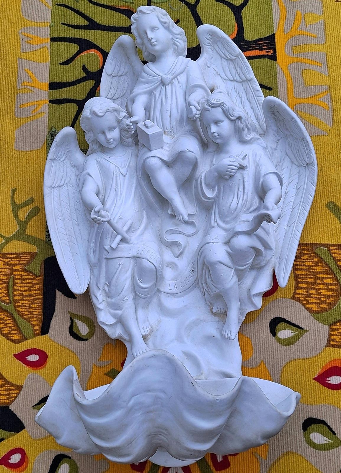 Antique Large Bisque Porcelain Holy Water Font With Angels photo 2043.0