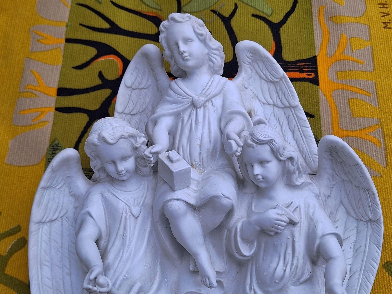 Antique Large Bisque Porcelain Holy Water Font With Angels photo vinterior