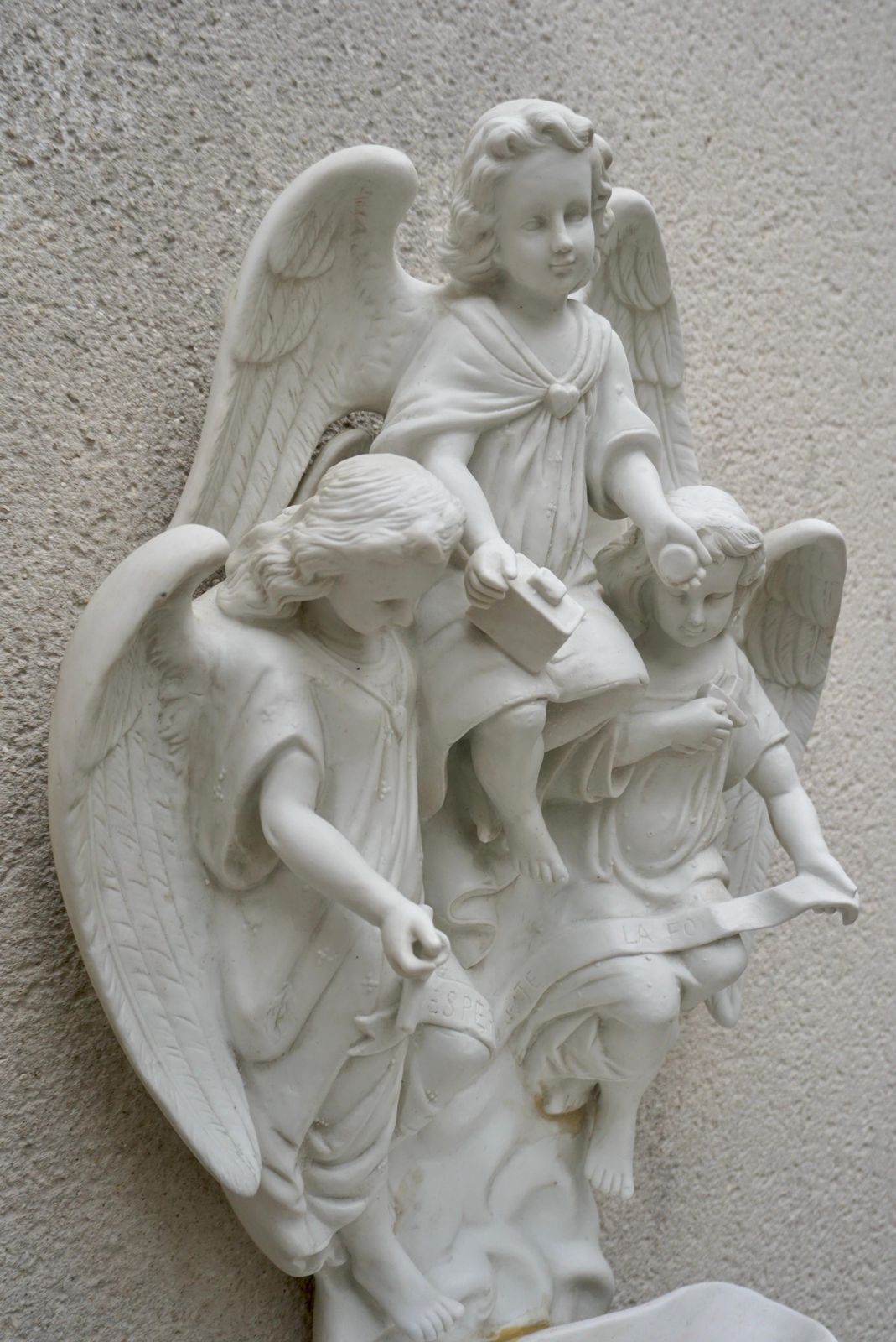 photo furniture Antique Large Bisque Porcelain Holy Water Font With Angels