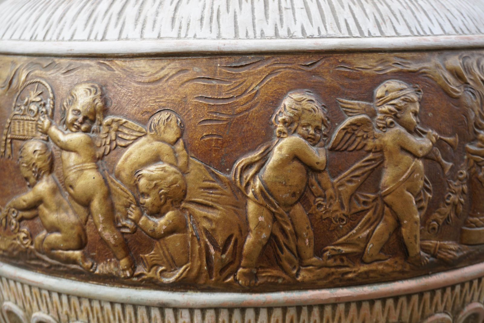 Ornate Pedestal Terracotta Cherub Planter Stand photo vintage